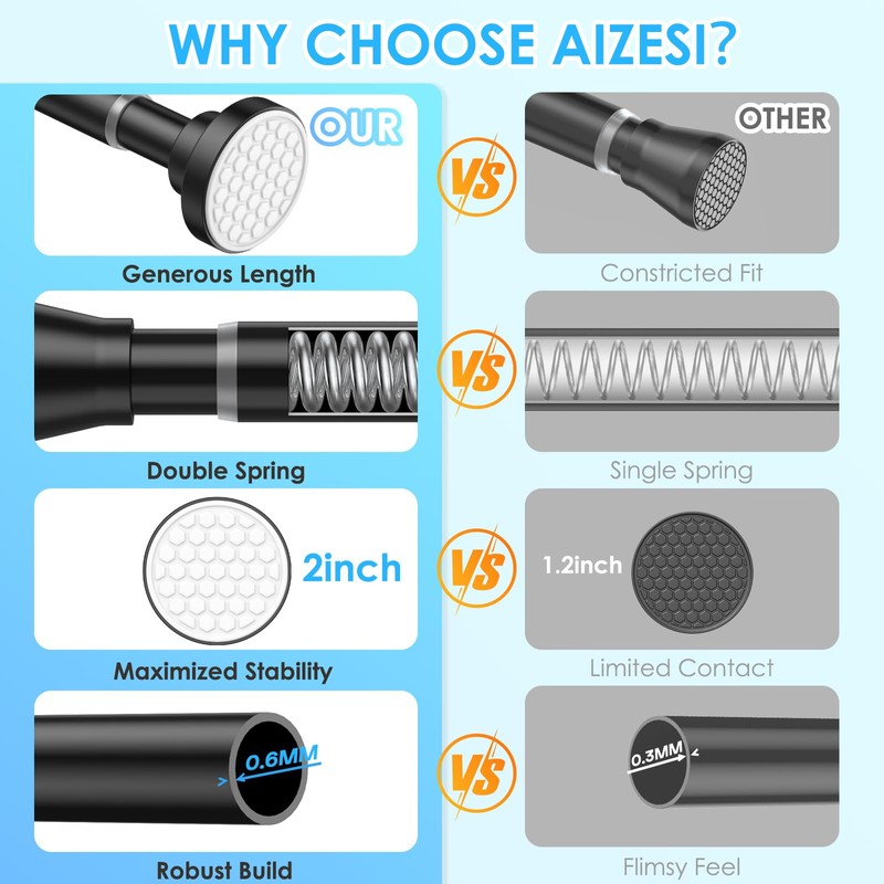 AIZESI Spring Tension Curtain Rod 29-63 Inch Black Stainless Steel