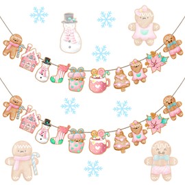 Weysat 2 Pack Wooden Gingerbread Theme Garland Banner Christmas Hanging Decorations Tree Ornaments Christmas Bunting Banner for Party Holiday Wall Decor Home Fireplace (Candy Style,Pastel Color)