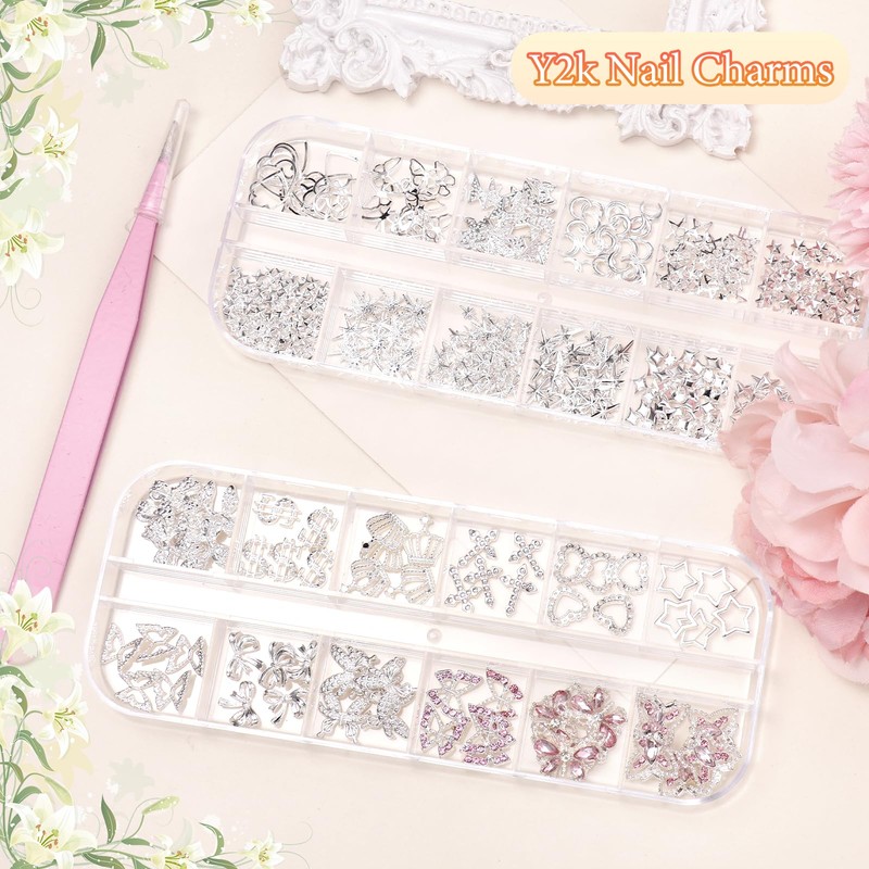 3D Silver Butterfly Bow Nails Charm Gems Y2K, Pink Butterfly