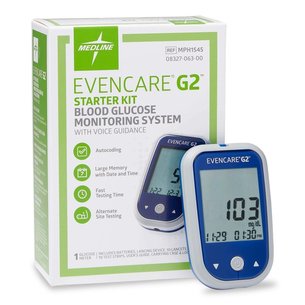 Medline EvenCare G2 Blood Glucose Monitor Starter Kit, Diabetic Care, 6 Sec Results, Meter, Lancing Device & Lancets, Test Strips, Batteries, Guide, Carrying Case, Logbook, Voice Guidance