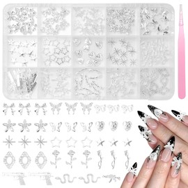 150 Pcs Silver Nail Charms, 15 Styles Gun Star Butterfly Snake Bow Rose Heart Alloy Nail Silver Charms Mix Y2K Nail Jewels Gems for Nails Art Supplies DIY Manicures