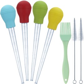 7 Pieces Nylon Heat-resistant Turkey Baster Cooking Set Includes 4 Meat Baster, 1 Silicone Basting Brush and 2 Cleaning Brush for BBQ Grill Baking Kitchen Cooking Tool