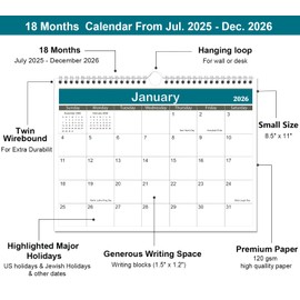 2025-2026 Wall Calendar - 2025-2026 Calendar, 16-Month Calendar Runs from Sep 2025 - Dec 2026, 8.5" x 11", Strong Twin-Wire Binding, Thick Paper, Sturdy Haning Hooks, US & Jewish Holidays, Unisex Design for Home/Office/School