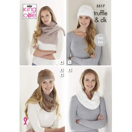 King Cole 5517 Knitting Pattern Womens Easy Knit Hats Cowls Scarf in Truffle and Merino Blend DK