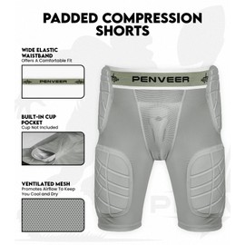Penveer 5.0 Youth Football Girdle for Boys with Cup Pocket - Padded Compression Shorts with Integrated Hip, Thigh & Tailbone Pads for Maximum Protection (Grey, YS)