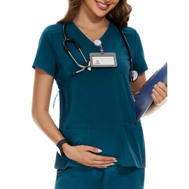 PACBREEZE Women's Maternity Scrub Top/Shirt V-Neck Workwear Medical Pregnancy Scrub Clothes, S-XXL (Caribbean Blue, Medium)