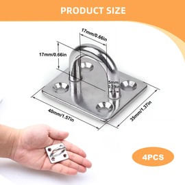 4PCS M6 Heavy Duty Pad Eye Plate 304 Stainless Steel Oblong Pad Eye Plate Staple Ring Hook Loop U-Shaped Sail Shade Marine Hardware Wall Ceiling Hooks Hanger for Marine Washing Line Suspension Silver