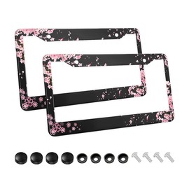 2PCS Cherry Blossoms License Plate Frame, Beautiful Pink Flowers License Plate Frames, Funny Auto Accessory Bracket Aluminum Metal Black License Plate Frames for Women Men
