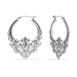 LeCalla 925 Sterling Silver Hoop Earrings Medium Large Antique Oval Filigree Hoops Earring for Women - 35MM