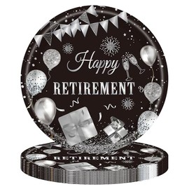40PCS Happy Retirement Party Decorations Men Women,Black Silver Disposable Tableware Set Including Retirement Plates and Napkins for Women Men,Going Away Decor
