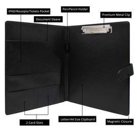 GraduationMall A4 Magnetic Conference Folder Clipboard with Storage Portfolio Padfolio PU Leather Interview Document Organizer Black