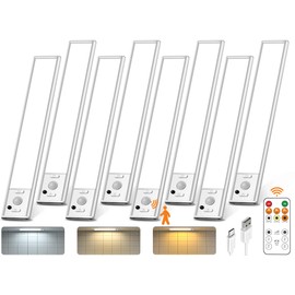 Under Cabinet Lights with Remote Control, USB Rechargeable LED Motion Sensor Light Indoor, Magnetic Wireless Under Counter Lights, 3 Color Dimmable Closet Lights for Kitchen,Cabinet,Bedroom, 8 Pack