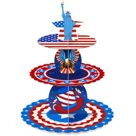 3 Tier Patriotic Cupcake Stand Statue of Liberty Dessert Tower Holder Display Cardboard USA Christmas American Flag Birthday Party Decoration Supplies for Xmas Holiday New Year Labor Day Veterans Day