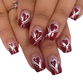 FIEONCIY Press on Nails Short Square Glossy Full Cover Acrylic Short Square False Nails with Heart Designs Artificial Square Fake Nails Glue ons Fingernails for Women Girls(YS499)