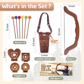 Ohanniewa Bow and Arrow for Kids Wooden Archery Toy for Aged 3+, Archery Set with 6 Arrows,Targets and Quiver, Indoor and Outdoor Toys for Children Boys & Girls