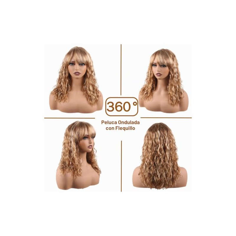 Peluca Pelo Humano Body Wave Marrón Rubio Flequillo 16 Pulg