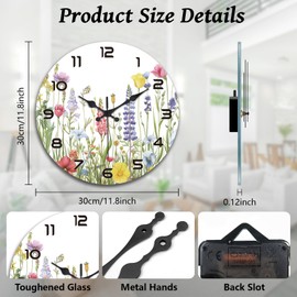 peacoblue Wall Clocks Battery Operated Wildflowers 12 Inch Glass Wall Clock Non Ticking for Kitchen Living Room Dining Room Bedroom and Bathroom Decor Accessories (Battery not Included)