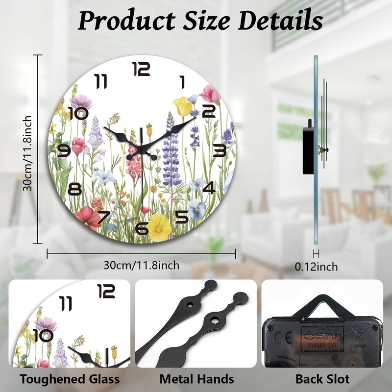 peacoblue Wall Clocks Battery Operated Wildflowers 12 Inch Glass Wall
