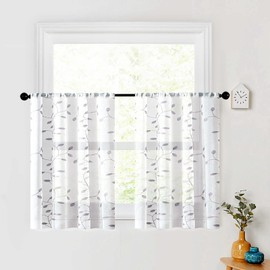 MRTREES Sheer White Tier Curtains, Voile Short Kitchen Tiers Rod Pocket, Leaves Embroidery Bathroom Curtain Panels Small Half Window Treatment for Bedroom(2 Panels, 30x30 inches, Grey Leaves)