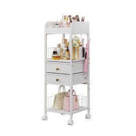 DongRong Floor Makeup Organizer with Lockable Wheels & 8 Dividers, 2-Drawer Rolling Skincare Cart for Cosmetics/Perfume/Nail Polish, Mobile Vanity Storage - White (Bathroom/Bedroom Use)