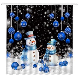 Christmas Shower Curtain Cute Snowman Blue Xmas Ball Snowflake Winter Holiday Black Fabric Curtain with Hooks for Bathroom Decor,70x70 Inch