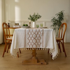 LOHUT Thick Linen Embroidered Checkered Tablecloth, Bohe Style Dining Tablecloth, Coffee Table Cover, Furniture Throw, Durable and Easy to Clean,55 x 84 Inch