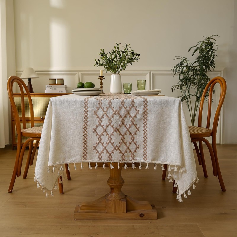 LOHUT Thick Linen Embroidered Checkered Tablecloth, Bohe Style Dining Tablecloth,