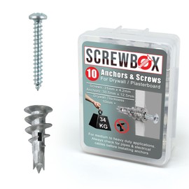 SCREWBOX® Drywall Fixings Anchor and Screws - 20-Piece Set for Heavy duty plasterboard fixings, Metal Self Drilling Screws and Wall plugs set, Plasterboard Anchors for Stronger Grip & Lasting Quality