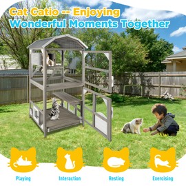 Gowoodhut 71'' Large Cat House Outdoor Catio Enclosures Indoor Kitten Cages with Attachable Window Resting Box,Waterproof Roof
