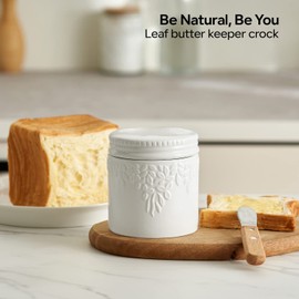 Toptier - Vajilla de mantequilla para mostrador con línea de agua, mantequilla untable bajo demanda, manteca de cerámica para dejar en la encimera, plato de mantequilla francesa con tapa (hoja blanca)