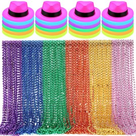 Geyoga 120 Pcs Neon Beads Necklace Bulk and 24 Pcs Neon Gangster Hats Glow Party Supplies 6 Colors 32" Beads with Gangster Hats