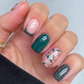 24 Pcs Pink Press on Nails Medium Square - SHANRUN Fake Nails Press ons Nail Art Tips Glue on Nails Full Cover False Nails with French Glitter Tree Branches Design Stick on Nails Acrylic Kit for Women