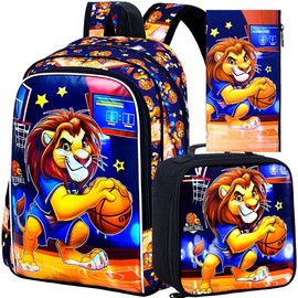 3PCS Backpack for Boys, 16'' Kids Lion Preschool Bookbags with Lunch Box, Cool Animal Water Resistant School Backpacks for Elementary Kindergarten Toddler