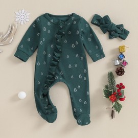 YINGISFITM My First Christmas Baby Girl Boy Outfit Zip Up Ruffle Footie Romper Jumpsuit Waffle Knit Onesie Xmas Santa Clothes (Christmas tree green, 6-12 Months)