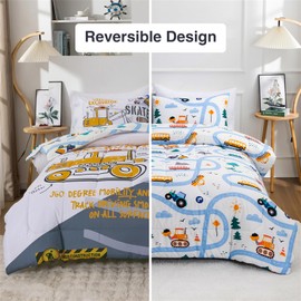 Holawakaka Trucks Excavator Cars Boy Bedding Comforter Set with Sheets, Full Size Cartoon Construction Car Tractors Print Kids Bed in A Bag 5-Piece, Boys Reversible Dorm Bed Sets (Yellow Full)