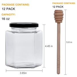 Woaiwo-q 16 oz Hexagon Glass Honey Jars, 12 Pack Hexagon Glass Jars with Black Lids,Wooden Honey Sticks,Bronzy Bee Pendants,Big Tags,15m Jute Twine for Party Favors-Mason Jars for Foods,Jams……