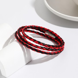 Stocking Stuffers Holiday Outfits for Women 2024 Double Wrap Multi-colour Braided Bracelet Leather Bracelet Leather Cuff Bangle Bracelets with Stainless Steel Clasp Leather Rope Bracelet Men Women Holiday Gift(black red)