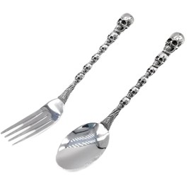 Skull Motif Serving Spoon Fork Set, Premium Stainless Steel Fork Spoon Silverware Set, Unique styles 3D Skulls, Dishwasher Safe, for Home, Kitchen, or Gift for Friends