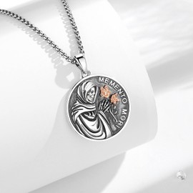 EUDORA S925 Sterling Silver Skull Memento Mori Necklace for Men Women, Santa Muerte Necklaces Holy Death Pendant Amulet Jewelry Original Gift for Women Mens Wife, 22+2inch