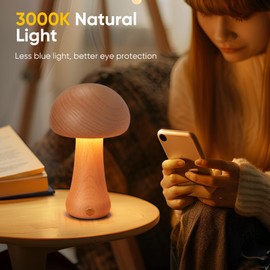 LONRISWAY 2 Pack Wooden Mushroom Night Light, Portable Cordless Small Lamp, Rechargeable Battery Operated, Stepless Dimming