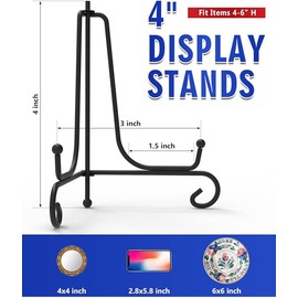 4 Pack Iron Display Stand 4 Inch Easel Plate Display Photo Holder Stand Decorative Plate Display Stand Black Iron Wire Easel Frame Stand for Pictures Cookbooks Tablets Arts (Black)
