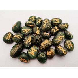 Sharvgun Jade Green Rune Stone Set 25 Piece Set with Runic MDF Wood Chart Engraved Symbolic Pagan Lettering Velvet Black/Red Pouch Included Gift Box