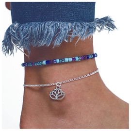 Pearl Beads Anklet Bracelet Boho 2Pcs Geometric Lotus Anklet Braided Rope Summer Beach Foot Chain Jewelry for Women Girls (Multi A)