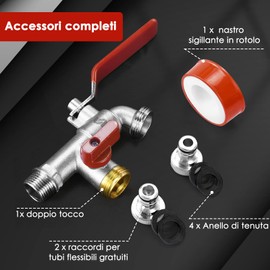 SPGOOD Premium Garden Tap, 1/2 Double Brass Tap Rust and High Temperature Resistant with 2 Hose Connections, 1 x Drum Sealing Tape, Double Joint and Hose Nozzle for Garden (Red)