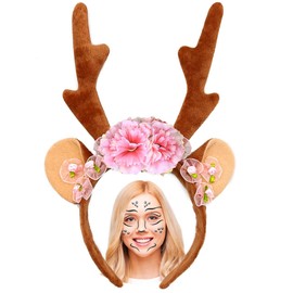 FUKPO Reindeer Headband with Flowers and Reindeer Face Tattoo, Deer Ears Headband Women Girls Adults Children Antlers Headdress Carnival Fancy Dress Theme Party Cosplay Costume Christmas