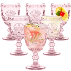 Singhoow 6 Pcs Goblet Glasses 10 oz Wine Glasses, Drinking Glasses Colored Retro Embossed Water Goblets For Wine Juice Baby Shower Wedding Reception Grand Event Party, Dishwasher Safe(Pink)