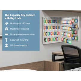Barska 160-Key Organizer Lock Box – Wall Mount Steel Key Cabinet with Numbered Hooks, Color-Coded Key Tags & Secure Lock – Gray