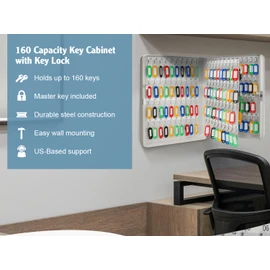 Barska 160-Key Organizer Lock Box – Wall Mount Steel Key Cabinet with Numbered Hooks, Color-Coded Key Tags & Secure Lock – Gray