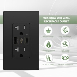 USB C Wall Outlet Decorator Receptacle 4.8A Dual High Speed, 20 Amp Tamper Resistant Receptacle, Smart Fast Charging, Wall Plate Included UL Listed Not for Laptops KULED (1pack, Black, 20 Amp Outlet)