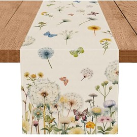 QIONG MENG Spring Table Runner Dandelion Butterfly Table Decoration for Home Holiday Indoor Kitchen Dining Decor 13x60 Inch